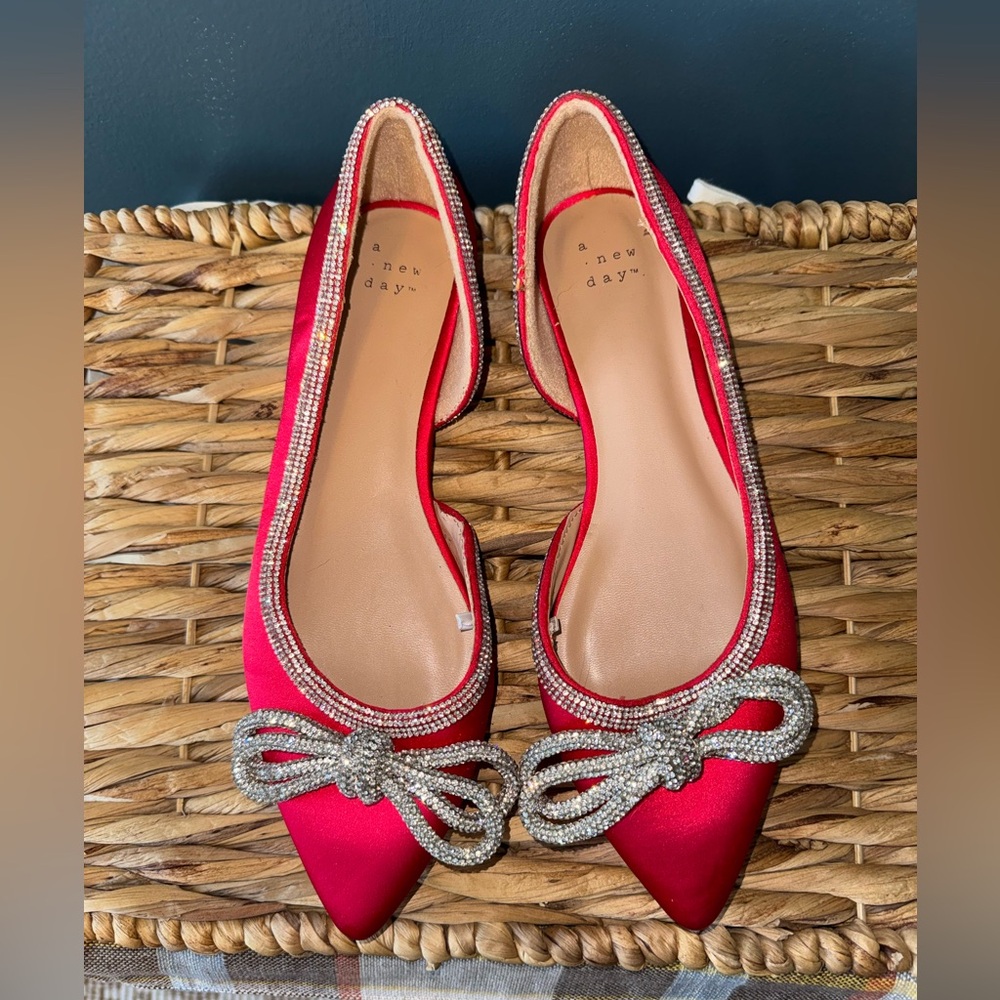 a new day Red Satin Pointed Toe Flats with Rhinestone Bow
